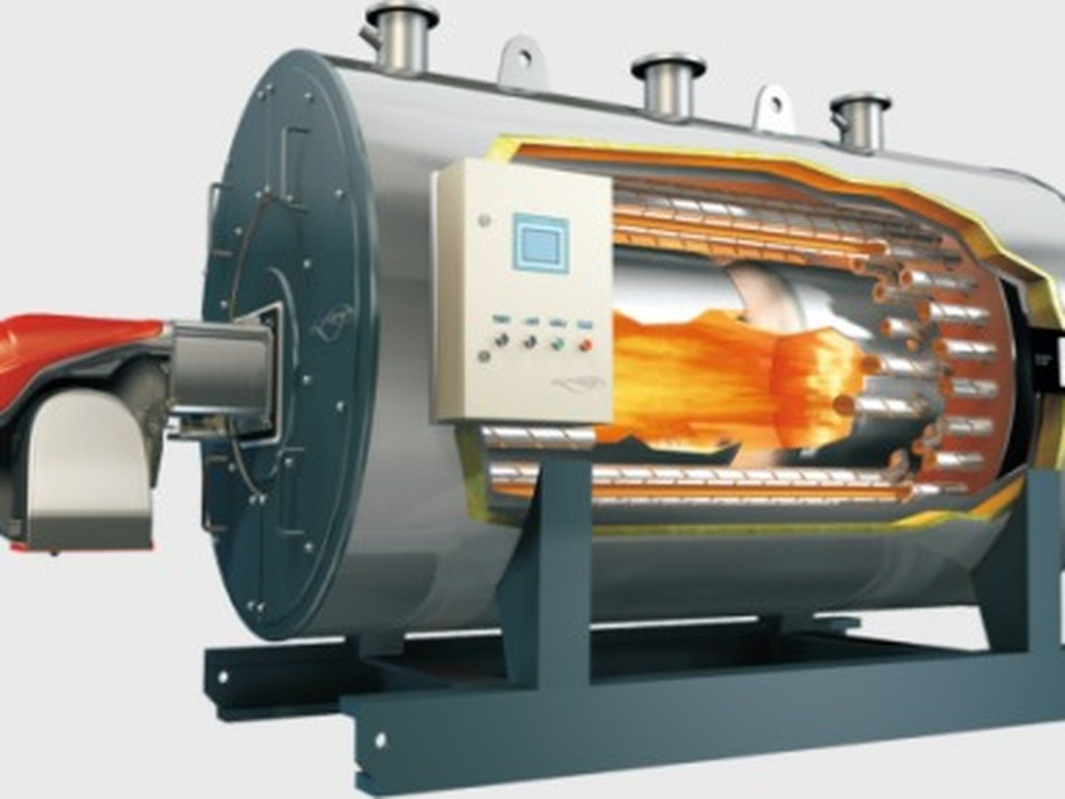 Caldeira a vapor flamotubular com queimador e válvulas de segurança